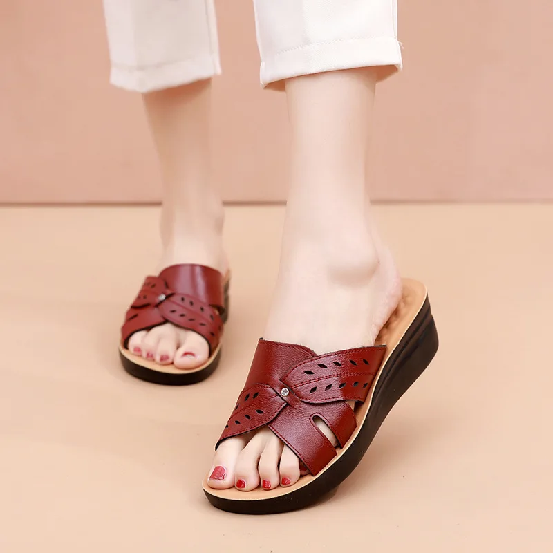 

Red Wedge Slide Sandals For Women With Hollow-Out Cross Strap Design Comfortable Non Slip Breathable Casual Summer Outdoor