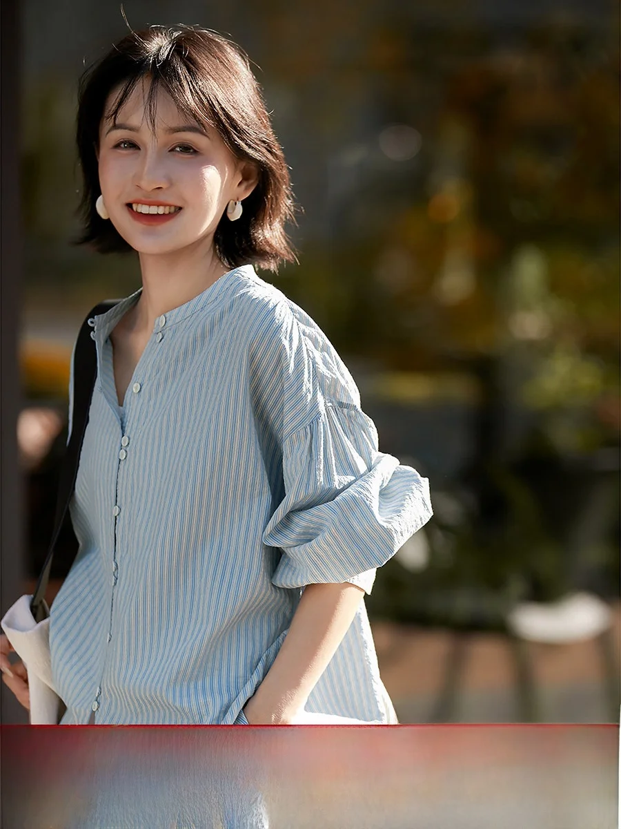 

Loose Fit Cotton Silk irt round Ne Design Casual Sle Blue Rong Top Women's Comfortable Breathable Long Sve Button up