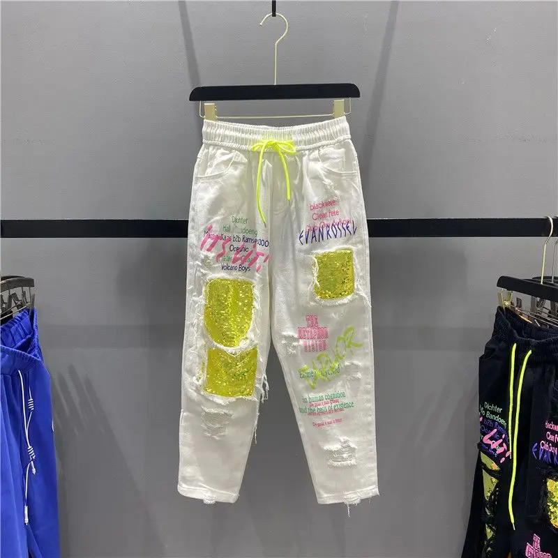 High Street Summer New Women Denim Jeans Ripped Jeans Feminino Rock Letters Print Pants Denim Trousers Capris BF Jeans