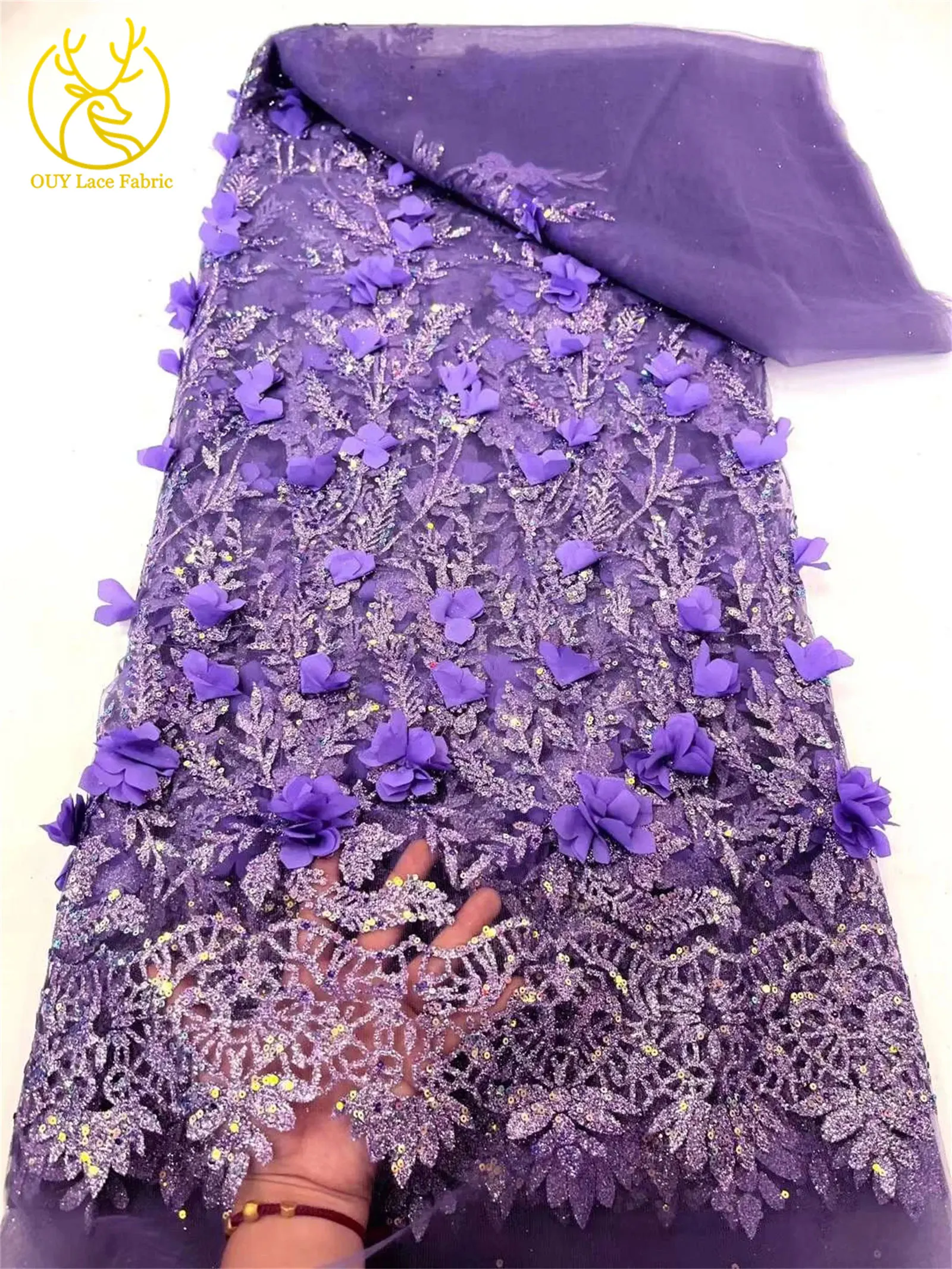 3D Lila Applikations-Spitzenstoff 2026 Hochwertige Afrikanische Glitzer-Pailletten-Spitze Nigerianisch für Hochzeit Braut Partykleid 5 Yards – Detail 6
