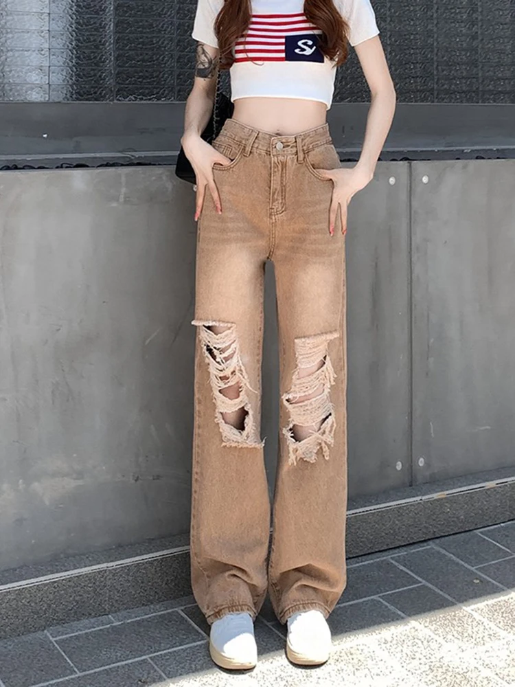 

High Street Hole Straight Jeans Women Summer Loose Ins High Waist Thin Wide Leg Pants 2022 New Pants Casual Fashion