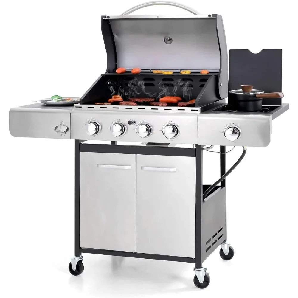 

4-Burner Gas BBQ Grill with Side Burner Grates 42,000BTU Outdoor Cooking Stainless Steel Propane Grills Cabinet