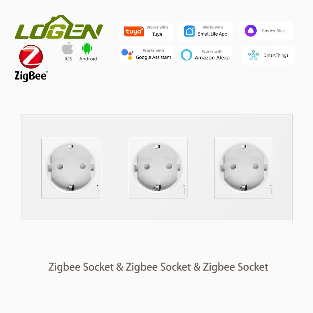 LOGEN Zgibee EU Smart Socket USB Type-c Socket Glass Crystal Panel Three sockets arranged side by side Need Neutral Wire