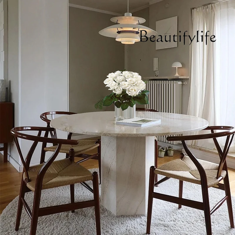 

Designer French natural travertine dining table, Nordic simple round marble dining table