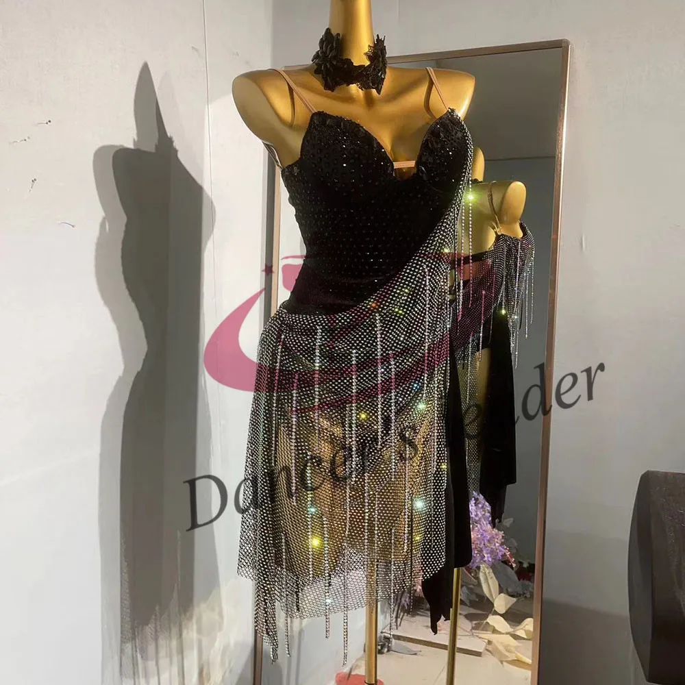 Vestido de dança latina high end personalizado diamante flashover capa suspender chacha tango feminino adulto palco roupas profissionais