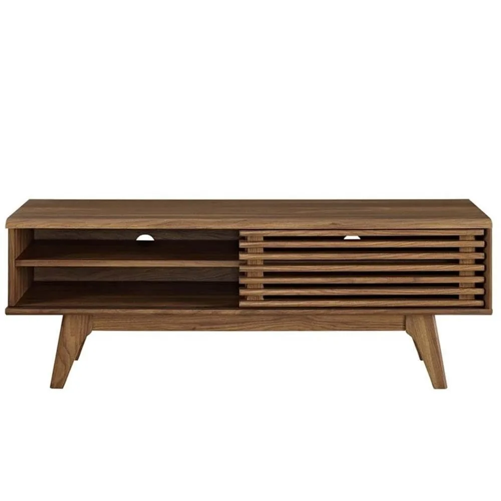 Mid-Century TV Stand Console Slatted Door Cable Management Wood Legs Living Room 48in Walnut Particleboard,Customized