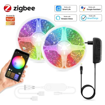 Zigbee tira conduzida tuya vida inteligente app 5050 rgb luzes led tira 5m 10m 15m 20m 12v fita led suporte alexa decoração da sala de controle