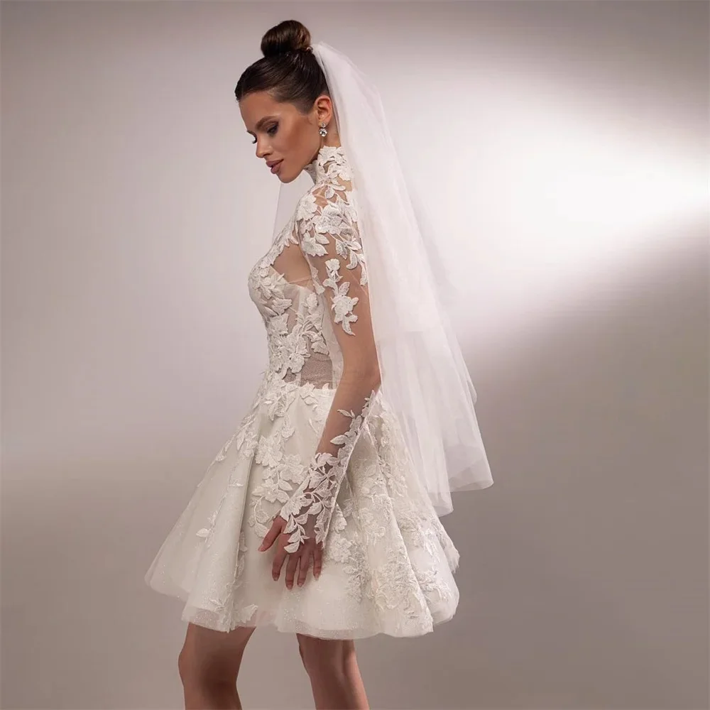 Customized 2026 New Simple Lace Floral Applique Full Sleeve Above Knee Mini Wedding Dress Elegant Women Bride Bridal Gown
