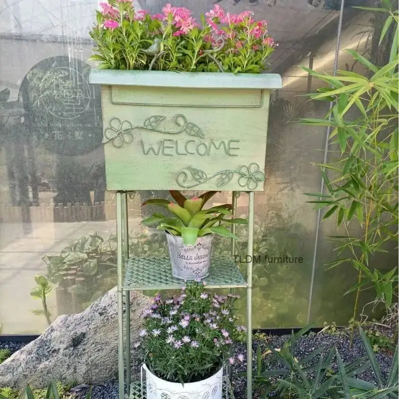 Storage Style Iron Garden Mailbox & Flower Rack - Chic French for Courtyards and Outdoors Country Stand for Flowers Plant Stands