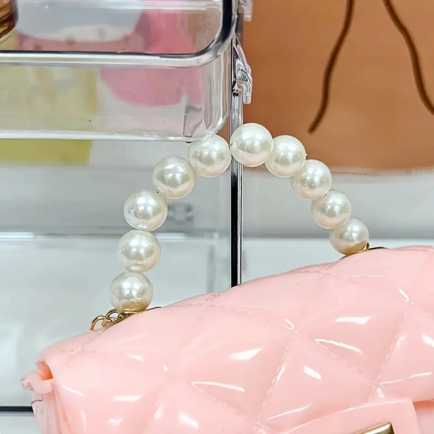 Mini-Umhängetasche für Damen mit Perlenkette, süße Handtasche