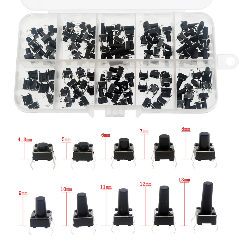 10 models 6*6 Tact Switch Tactile Push Button Switch Kit Height: 4.3 5~13MM DIP 4P micro switch 6x6 Key switch