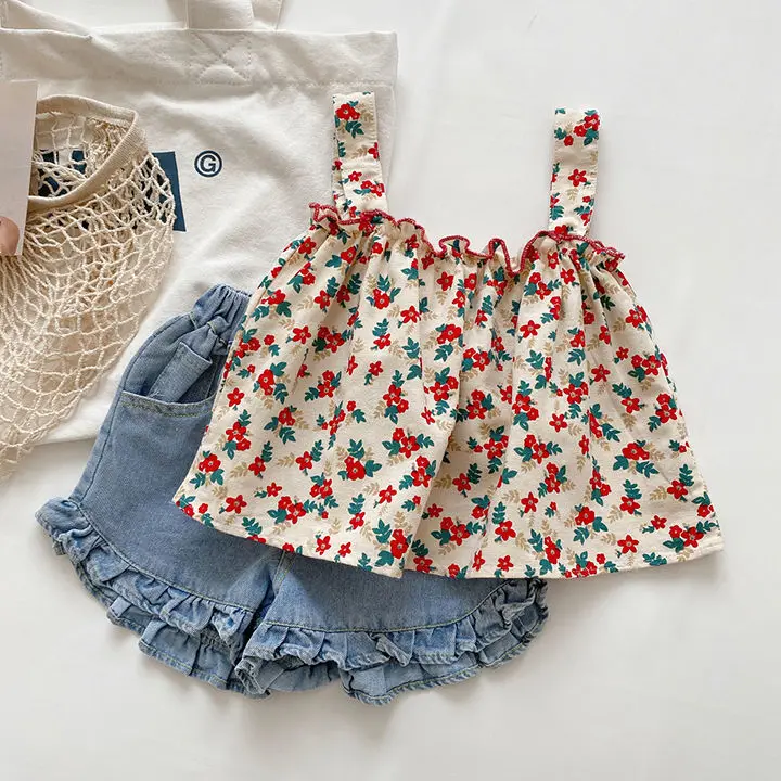 

Cute Girls Outfit 2025: Korean Fashion flower Sleeveless Top + Shorts Set, Breathable Cotton Toddler Summer Clothes Age 3-7Y