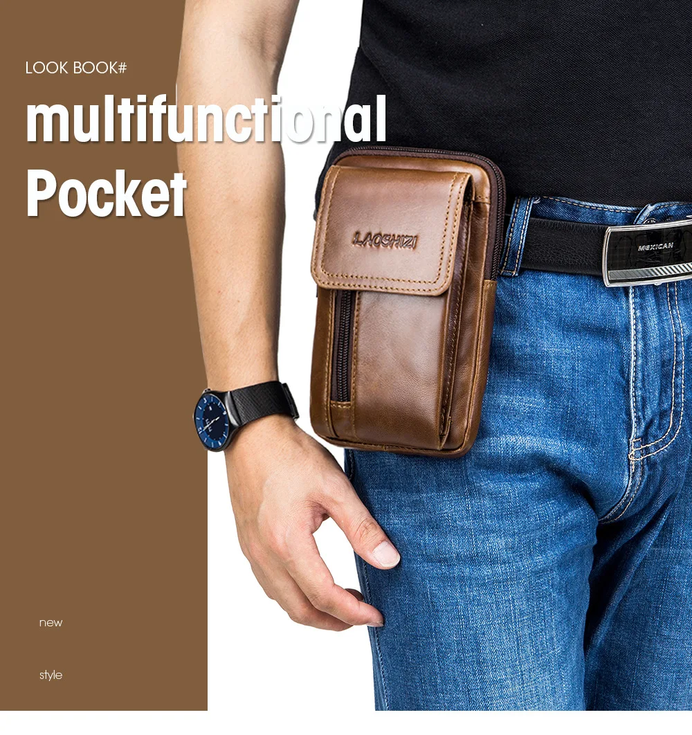 Men's leather mobile phone storage waist bag, leather belt, leather waistband, casual buckle hanging bag