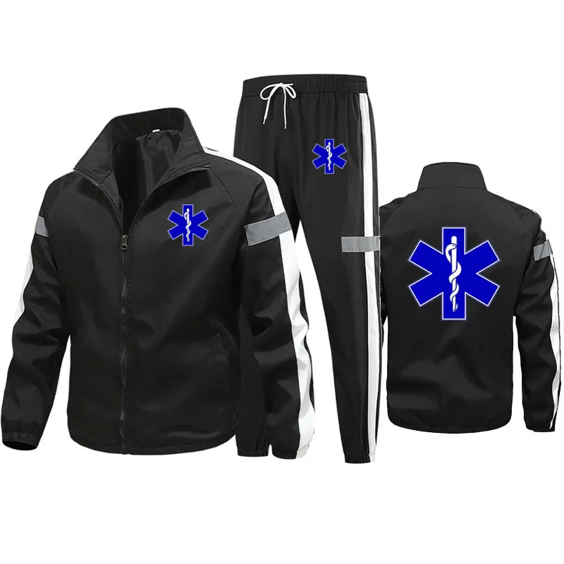 Spring autumn new men\'s suit (jacket + pants) EMT Emergency ambulance men\'s sportswear reflective stripe design men\'s suit