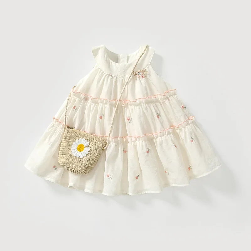 

Girls' 2025 New Beige Embroidered Dress for Summer