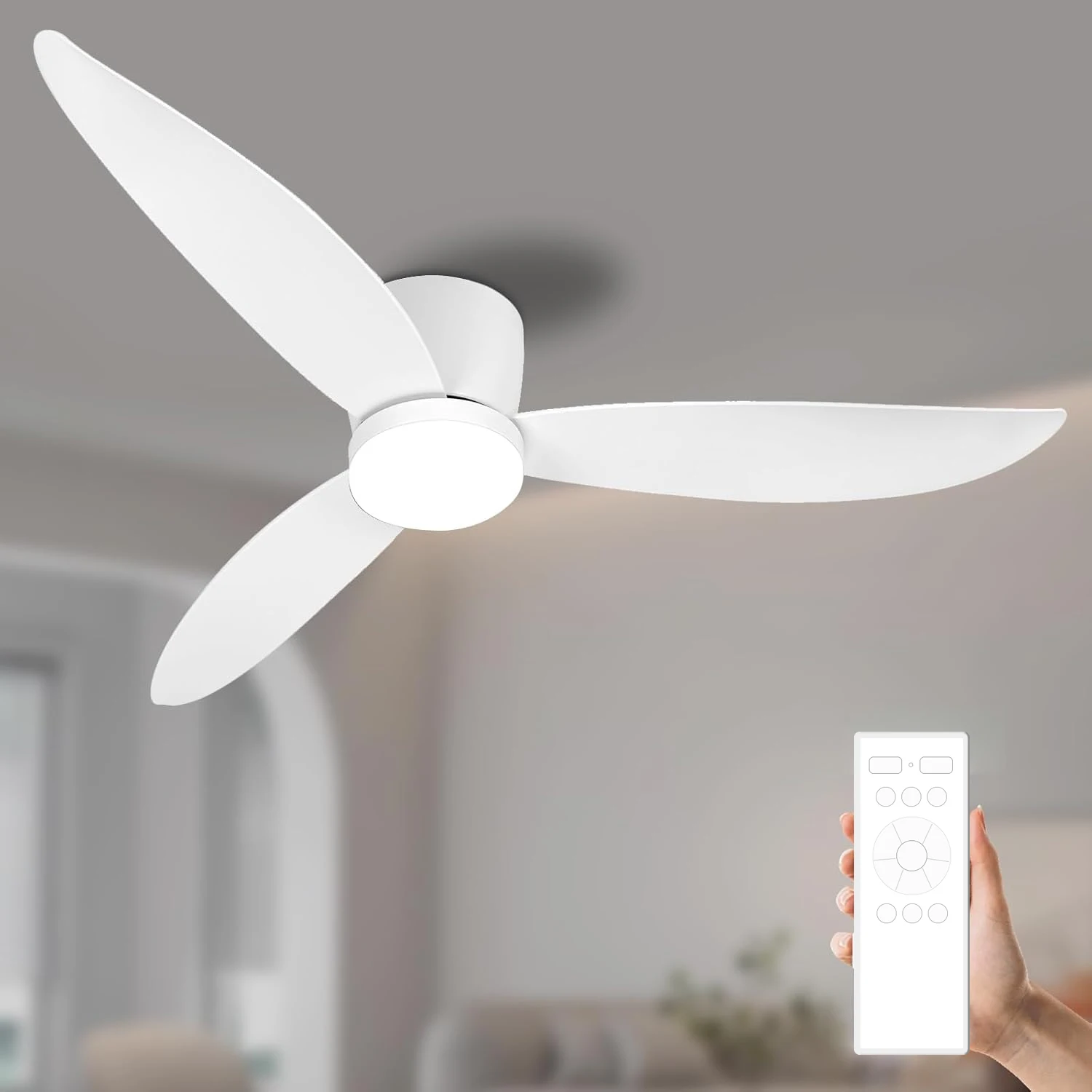 52 Inch Ceiling Fan with Lighting Remote Control, Equipped with Silent Reversible DC Motor, Bedroom and Living Room, Timer