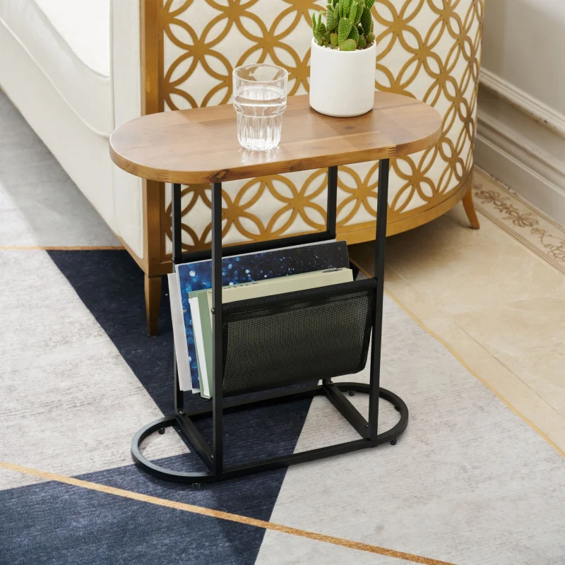 #Modern Acacia Wood Oval Console Table with Storage forSmall Spaces-Living Room & Apartment Furniture for Hotels Schools Offices
