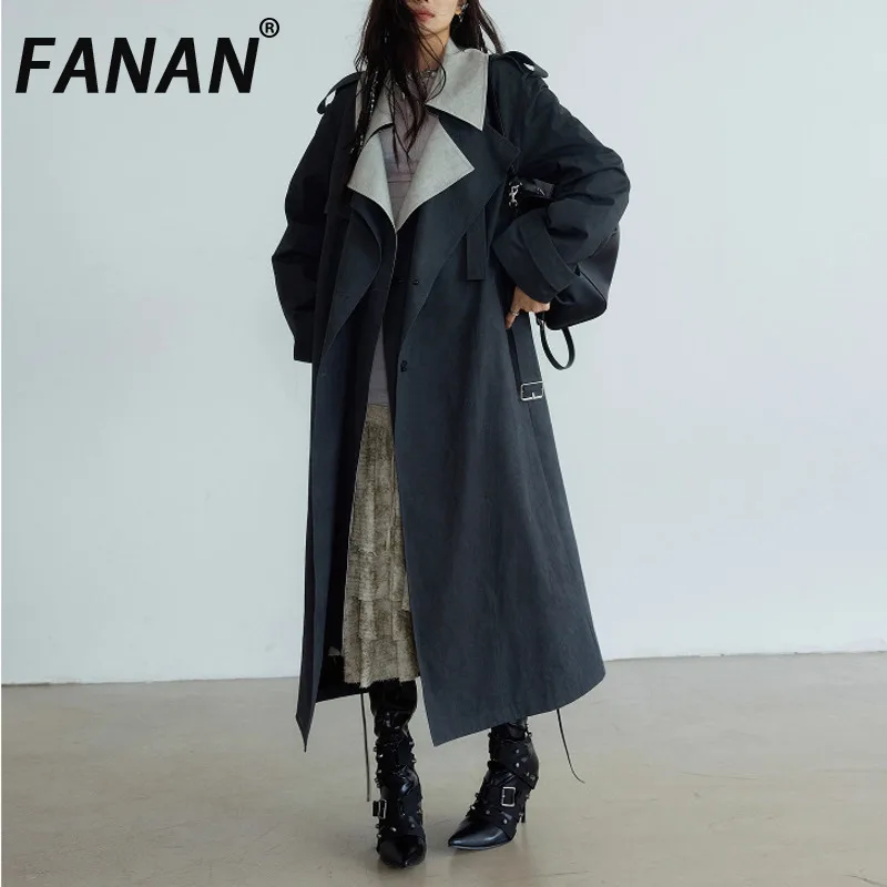 

FANAN Elegant Spliced Contrast Color Long Trench Women's Belt Gathered Waist Office Lady Fit Windbreaker Fashion Coats 2025 New