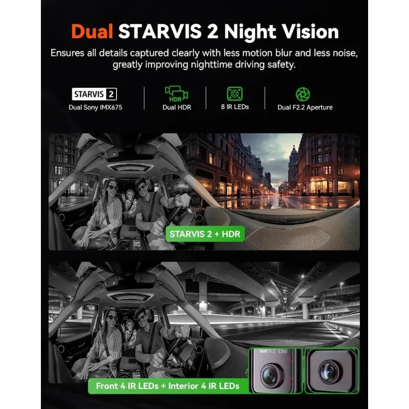 خصم E360 5.2K 360 ° كاميرا داش بانورامية، 5 جيجا هرتز واي فاي ونظام تحديد المواقع، Dual STARVIS 2، HDR، رؤية ليلية 8 IR، كاميرا داش أمامية وداخلية #4