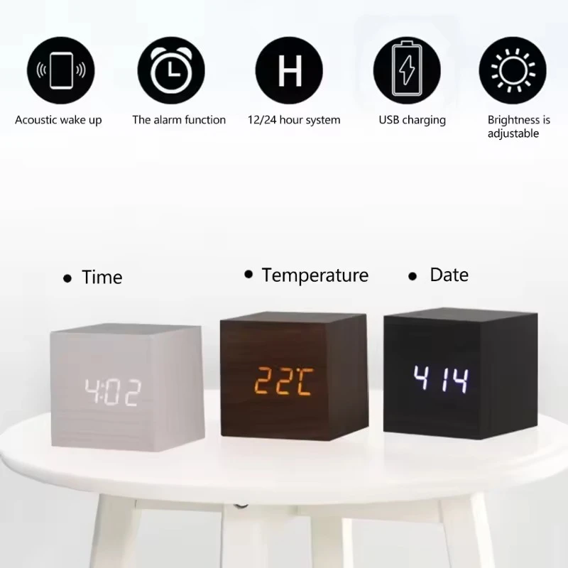 Retro Digital Wooden LED Alarm Clock with Voice Control And Snooze Function Wood Glow Desk Table Decor