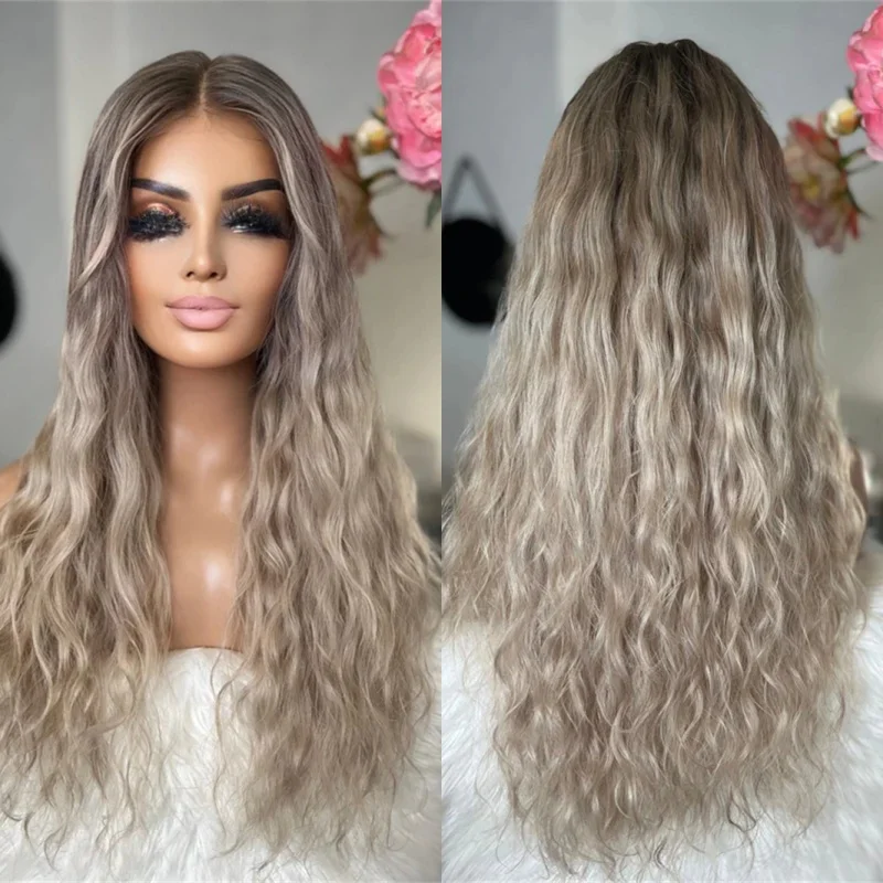 

HD Invisible Transparent Lace Wig Ombre Icy Platinum Blonde Highlights Synthetic Lace Front Wig Preplucked Hairline Water Wave