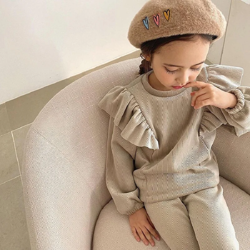 Baby Girl Corduroy Clothes Set Ruffle Sweatshirt+Wide Pant 2PCS Spring Autumn Infant Toddler Hoodie Suit Baby Clothes Set 1-7Y