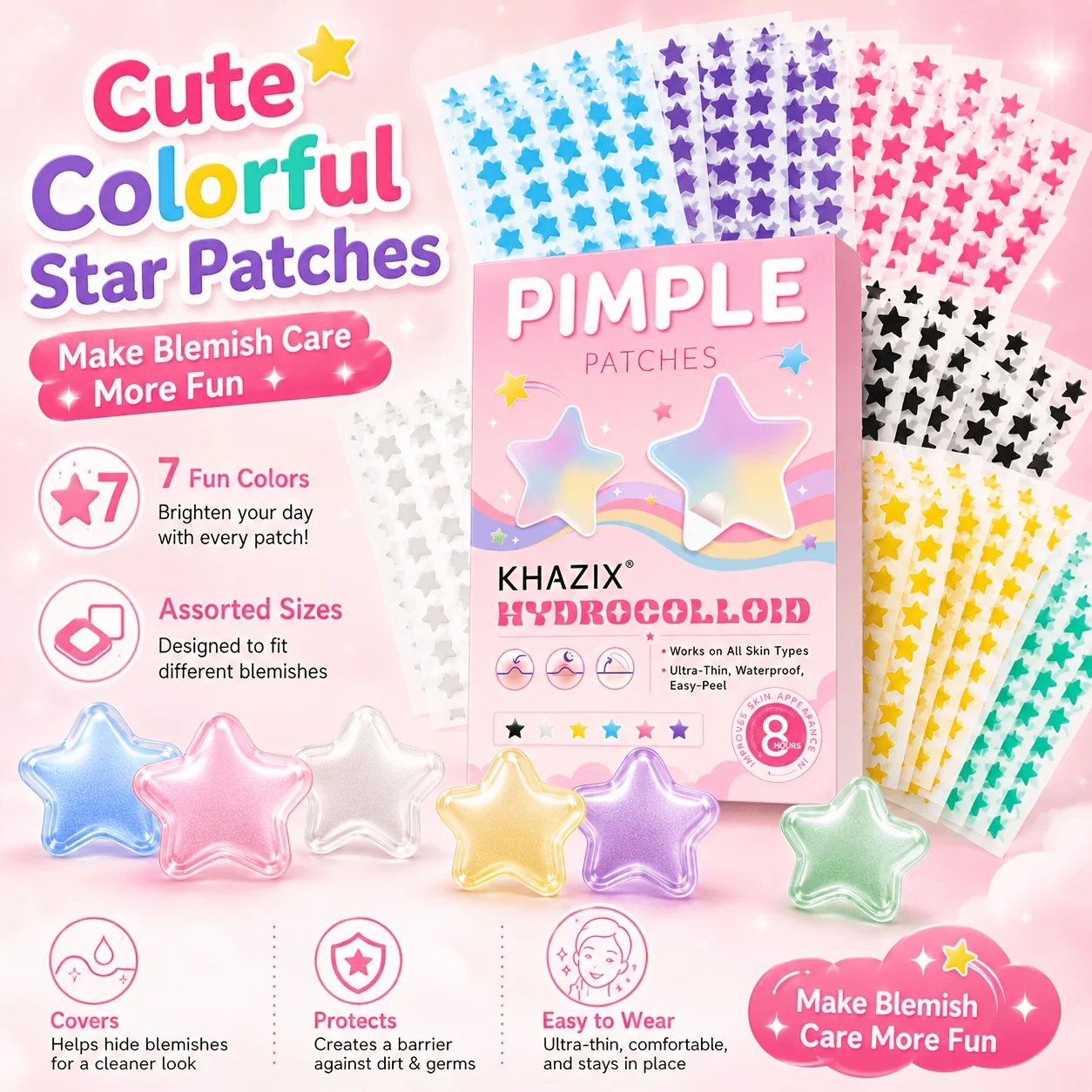 280 pegatinas - Pegatinas coloridas con forma de estrella para espinillas - Pegatinas de hidrogel anti-espinillas - Pegatinas invisibles anti-espinillas - Absorben y reparan