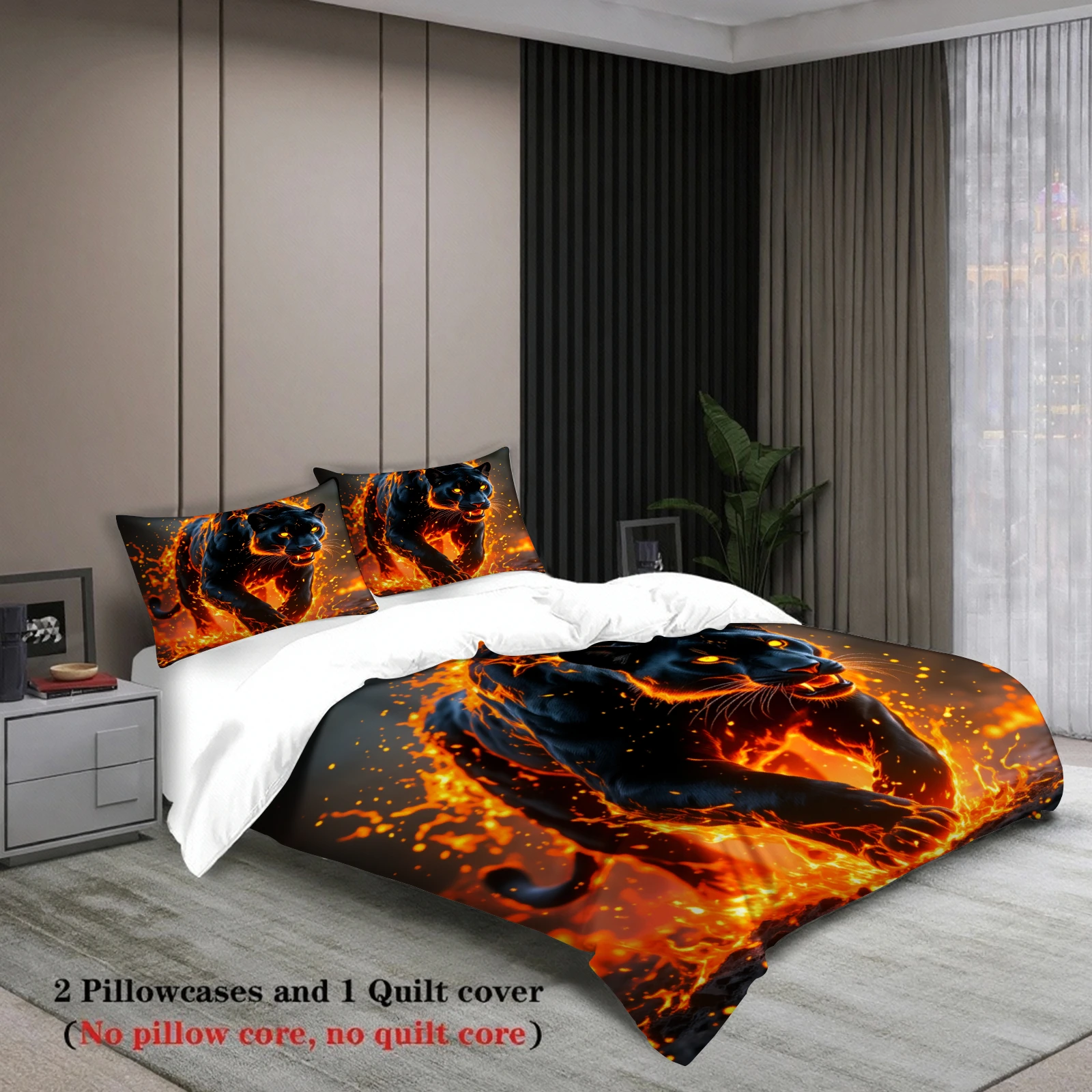 3pcs Panther Fire Bedding Sets 3D Printed Black Panther Anti-Slip Durable Duvet Cover Sets With Pillowcases No Filling