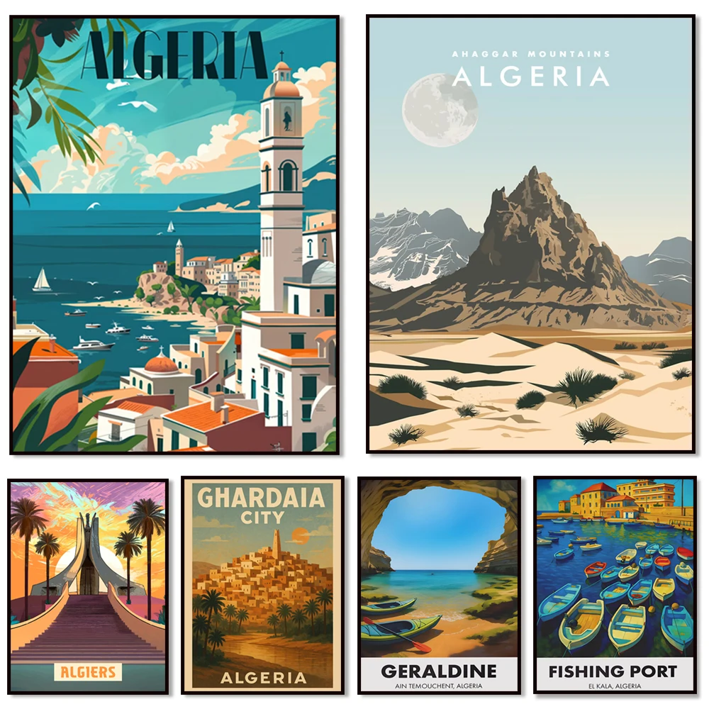 Fishing port, El Kara, Mzab Valley, Ahgar Mountains, Gardaya, Gufi Gorge, Batna, Mashutin Baths, Qalma Algeria travel poster