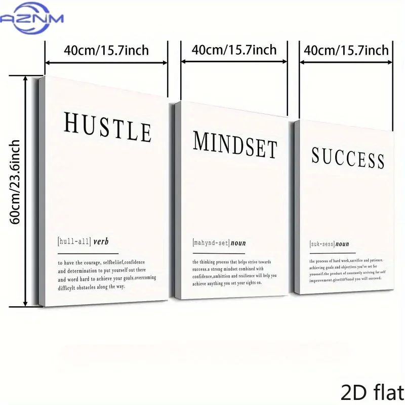 3 tableaux décoratifs imprimés en 2D, HUSTLE, Mindset, Succès, Citations motivantes pour le bureau, Affiches d'encouragement positif