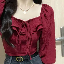 Camicette rosse con lacci Casual Vintage eleganti per donna Estetica All-match Manica lunga Top corto sexy Mujer Design Autunno retrò