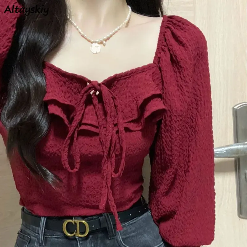 Red Blouses Lace Up Casual Vintage Elegant for Ladies Aesthetic All-match Long Sleeve Sexy Crop Tops Mujer Design Autumn Retro