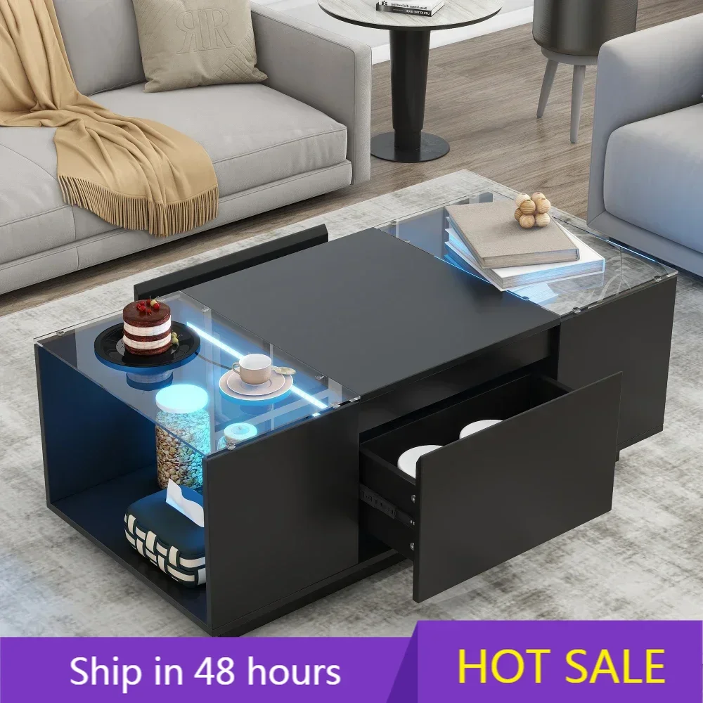 Led Coffee Table,High-Gloss Finish and Glass Tabletop,Table with Open Storage Compartment and 2 Hidden Drawers，Living Room