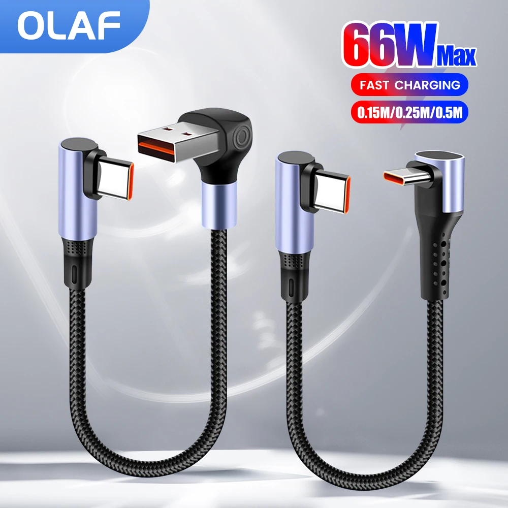 

66W 0.15/0.25/0.5M Short Cable 90 Degree Elbow USB A Type C to Type C Cable Fast Charging Data Cord For iPhone 16 15 Power Bank