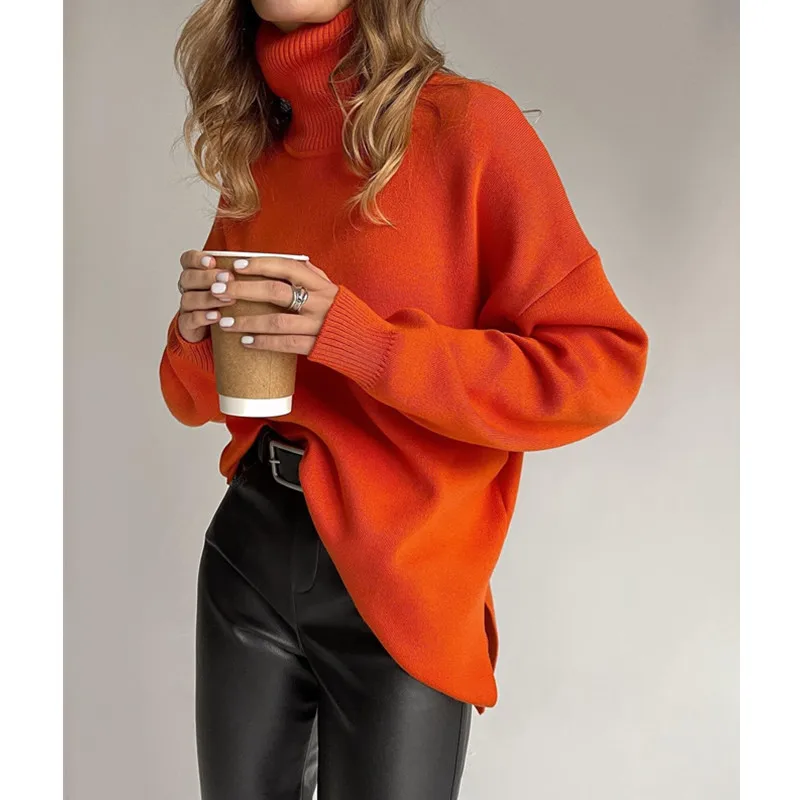 

Autumn Winter Women Turtleneck Sweater Oversize Long Sleeve Top Casual Loose Jumper White Thick Warm Knitted Pullovers for Women