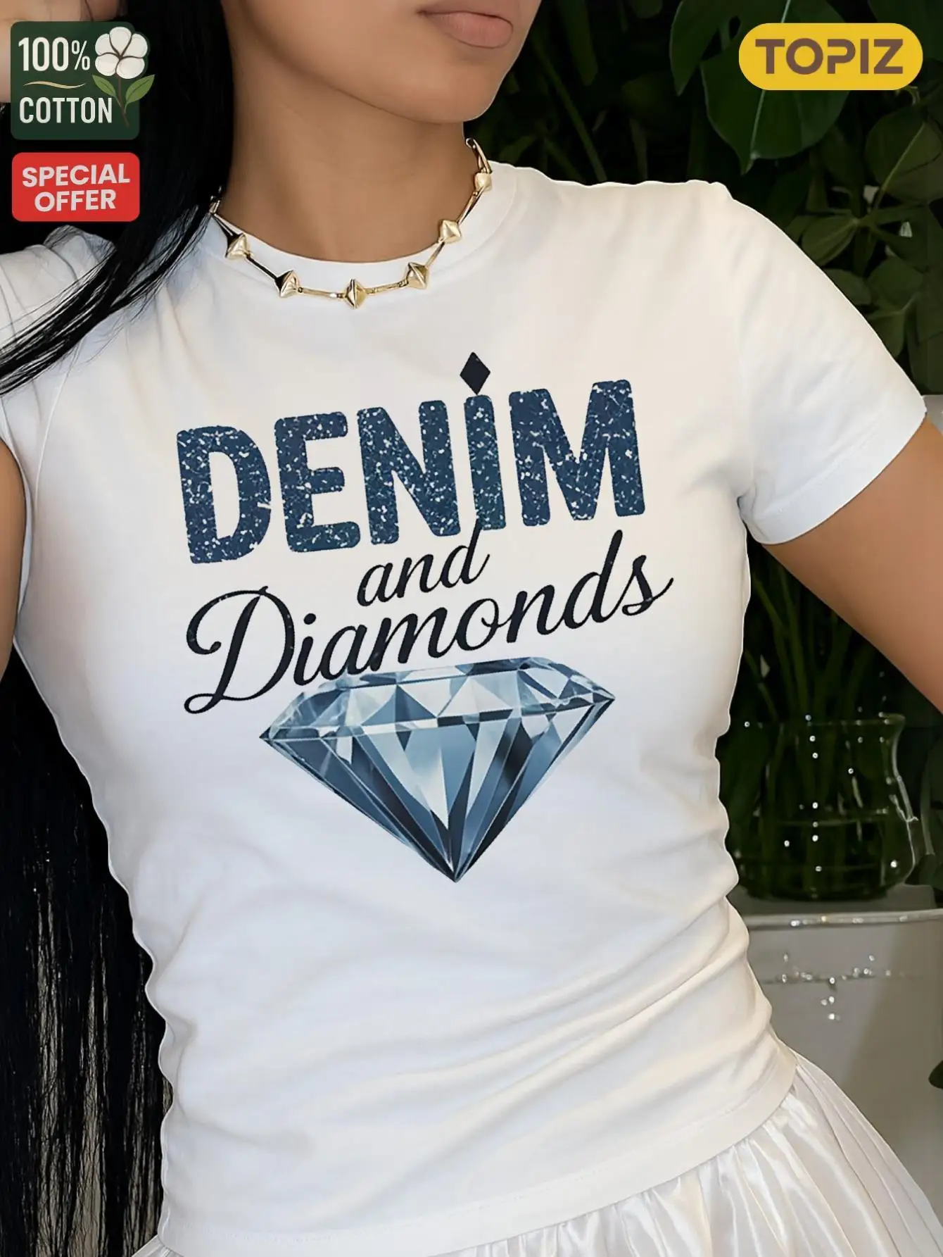 Denim en diamanten glitterprint Casual dagelijkse kledingTop voor zomer en lente Dameskledingcadeaus, zomerkleding voor dames Sale