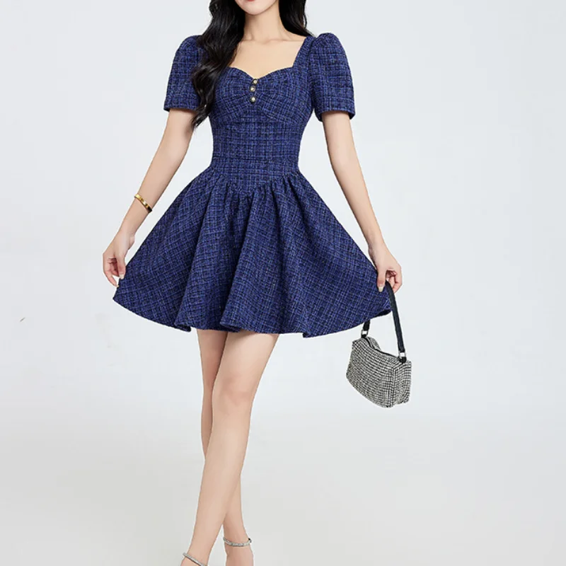 

Women Sweet Short-sleeved Tweed Dress Female Summer New French High Quality Square Collar Fashion Mini Small Fragrant Dress