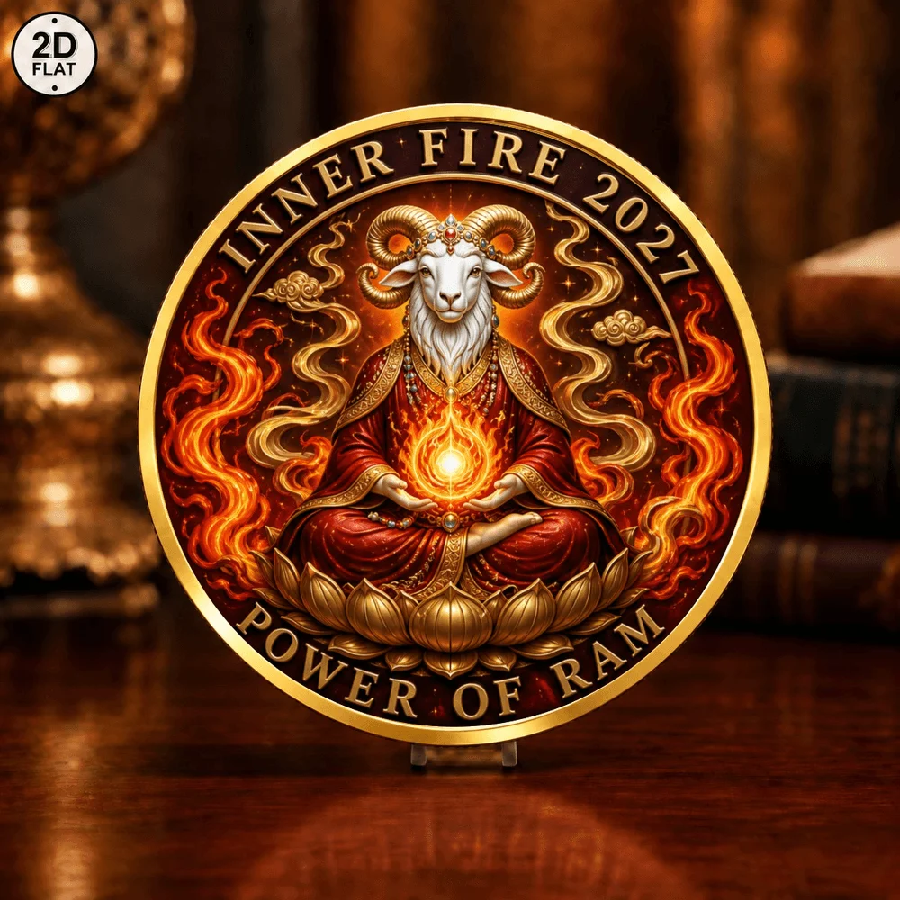 1pc 2027 Inner Fire Ram Metal Challenge Coin 2D Fantasy Meditation Ram Artwork Collectible Token Desktop Decor & Festival Gift
