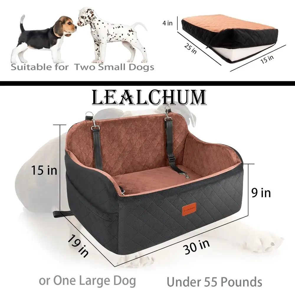 Large Memory Foam Dog Car Seat Cover with 2 Safety Leashes and Removable Washable Cover (Black/Brown)