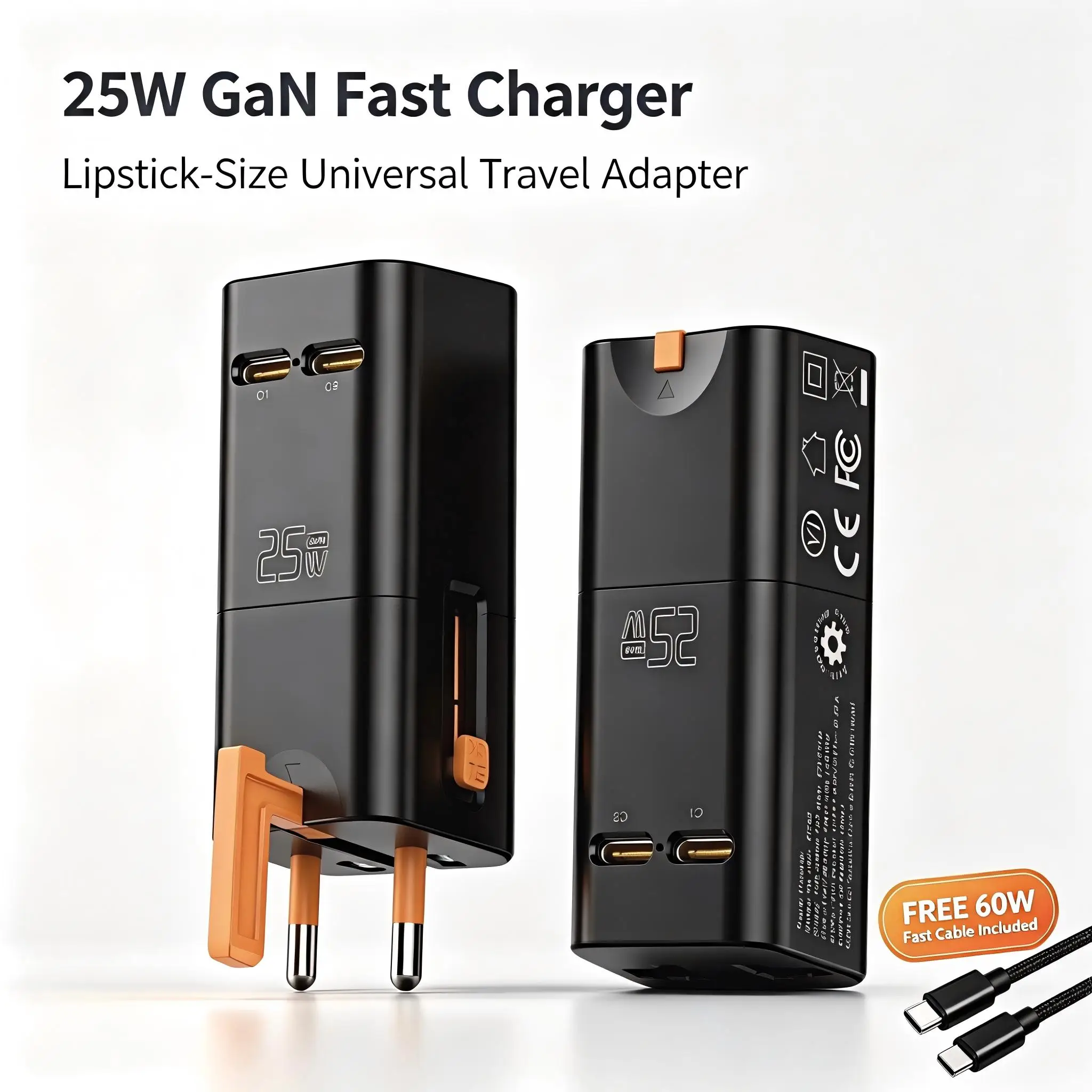 25W GaN Travel Adapter 4-in-1 (EU/UK/US/AU), PD+QC 3.0 Fast Charging Wall Charger, Compact Universal Converter for Phones Laptop