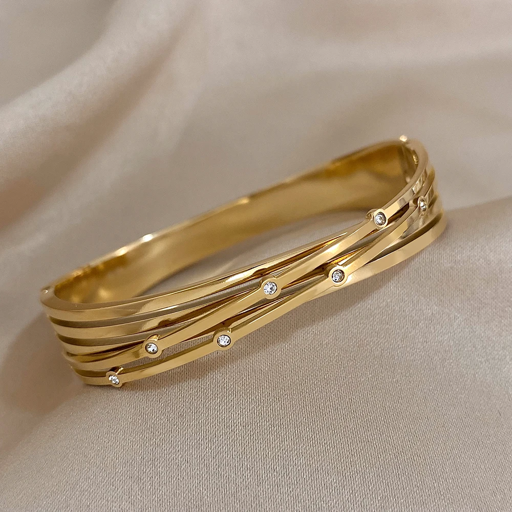 Stylish Gold Color Cross Stainless Steel Bracelet for Women Elegant Rhinestone Beads Cuff Bangle Bracelets Party Jewelry