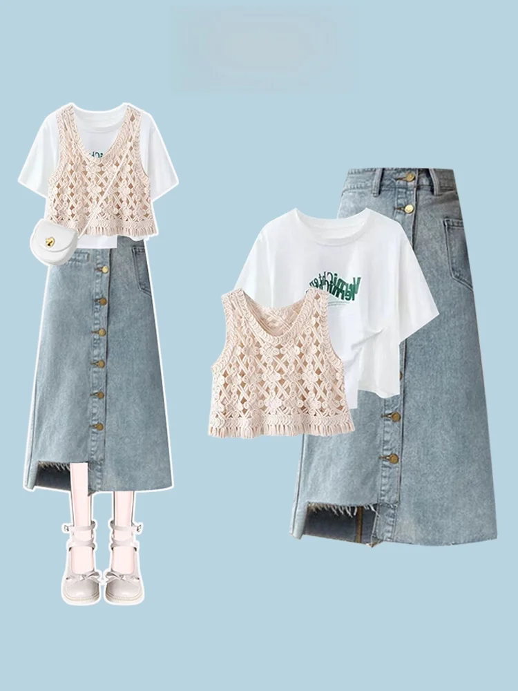 

plus Size Women's Fashionable Hollow out Short Sleeve Denim Skirt Three Piece Set Summer 2026 New Arrival Versatile Top