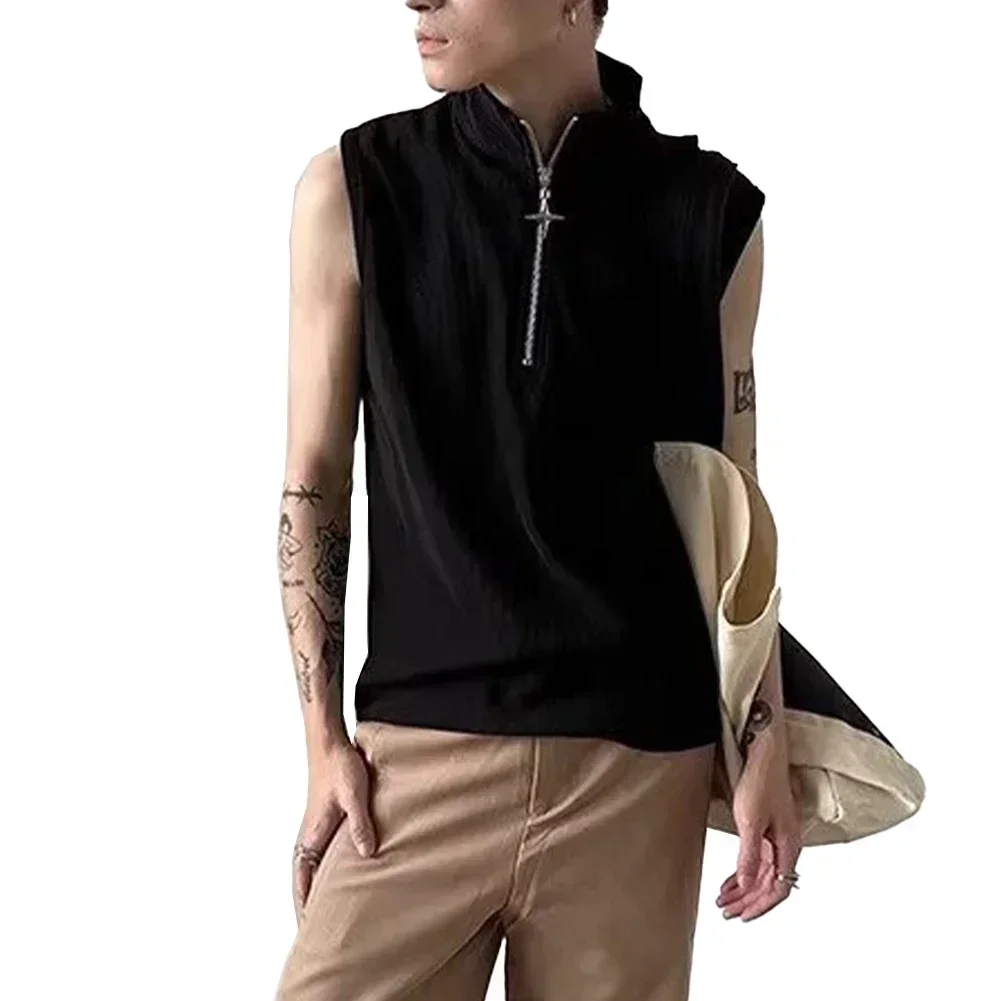 

Casual Street Fashion Men Punk Vest Stand Neck Zipper Lightweight Fabric Men's Casual Attire Punk Style Clothing