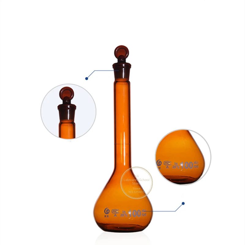 1Pcs/Lot Amber Brown 5ml to 1000ml Glass Volumetric Flask, Flask With Ground-in Stopper, Lab Chemical Glassware