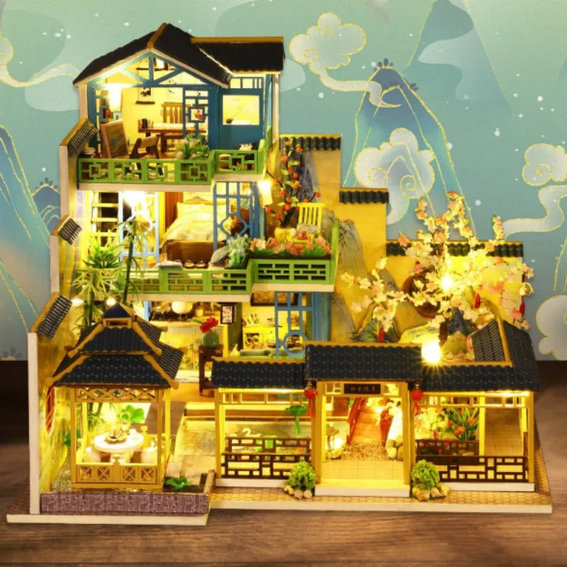جديد لتقوم بها بنفسك دمية خشبية مع الأثاث ضوء كازا المنزل النمط الصيني فيلا نموذج مصغرة بيت الدمية عدة اللعب هدايا عيد الميلاد #2