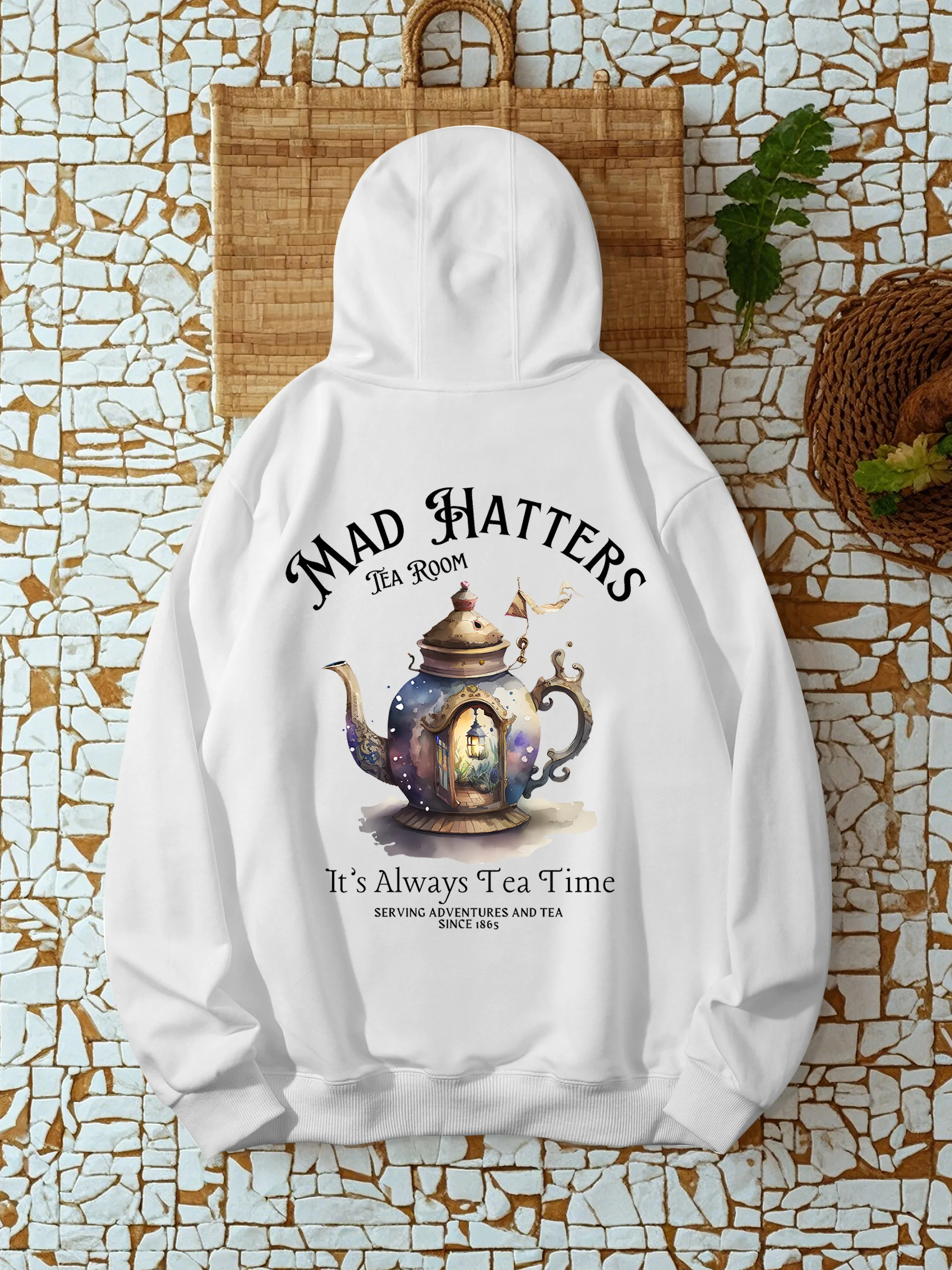 سترة بغطاء للرأس للرجال والنساء من Mad Hatters It's Always Tea Time - بأكمام طويلة، قماش محبوك، فضفاضة، طباعة بنمط عصري، #2