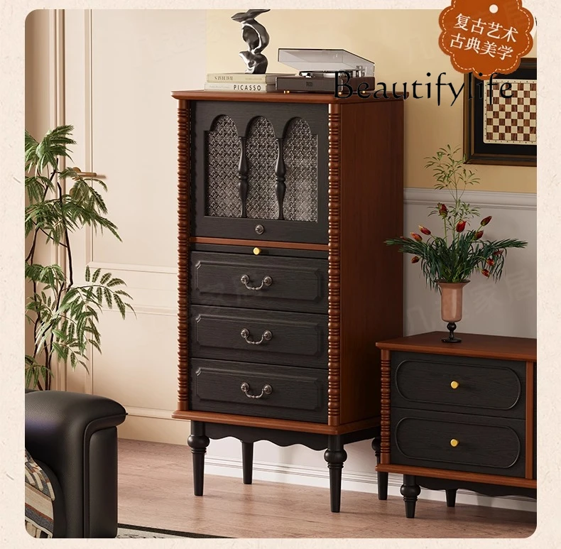 Solid wood side cabinet French retro small apartment household premium three-bucket living room storage display dining side