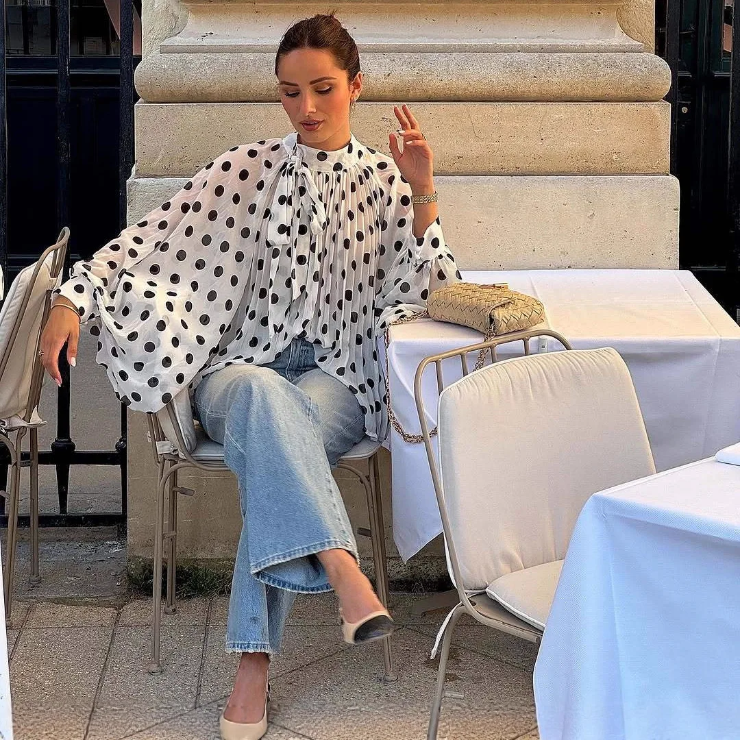 

Elegant Loose Women Blouse Dot Pattern Tie-front Semi-transparent Lantern-sleeved Fashionable Casual Long Sleeve Top for Women