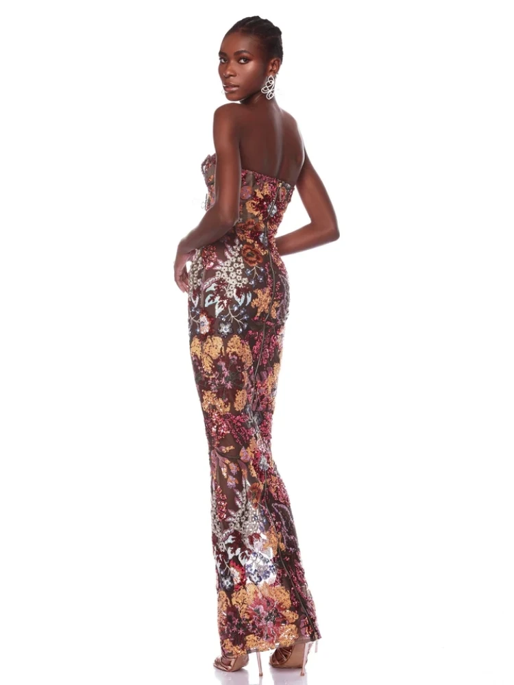 Robe longue à paillettes florales sans bretelles pour femmes, robe dos nu, robe de soirée mince, robe de piste, sexy, luxe, nouveau