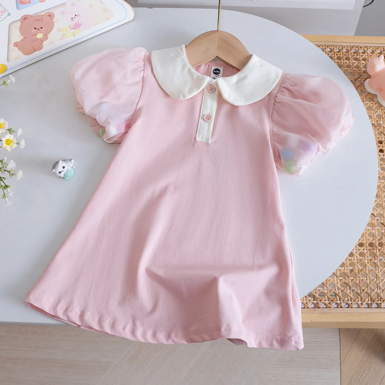 

Pink Puff Sleeve Princess Dress Summer Korean Style Doll Collar Casual A-Line Short Dress Baby Girls Clothes